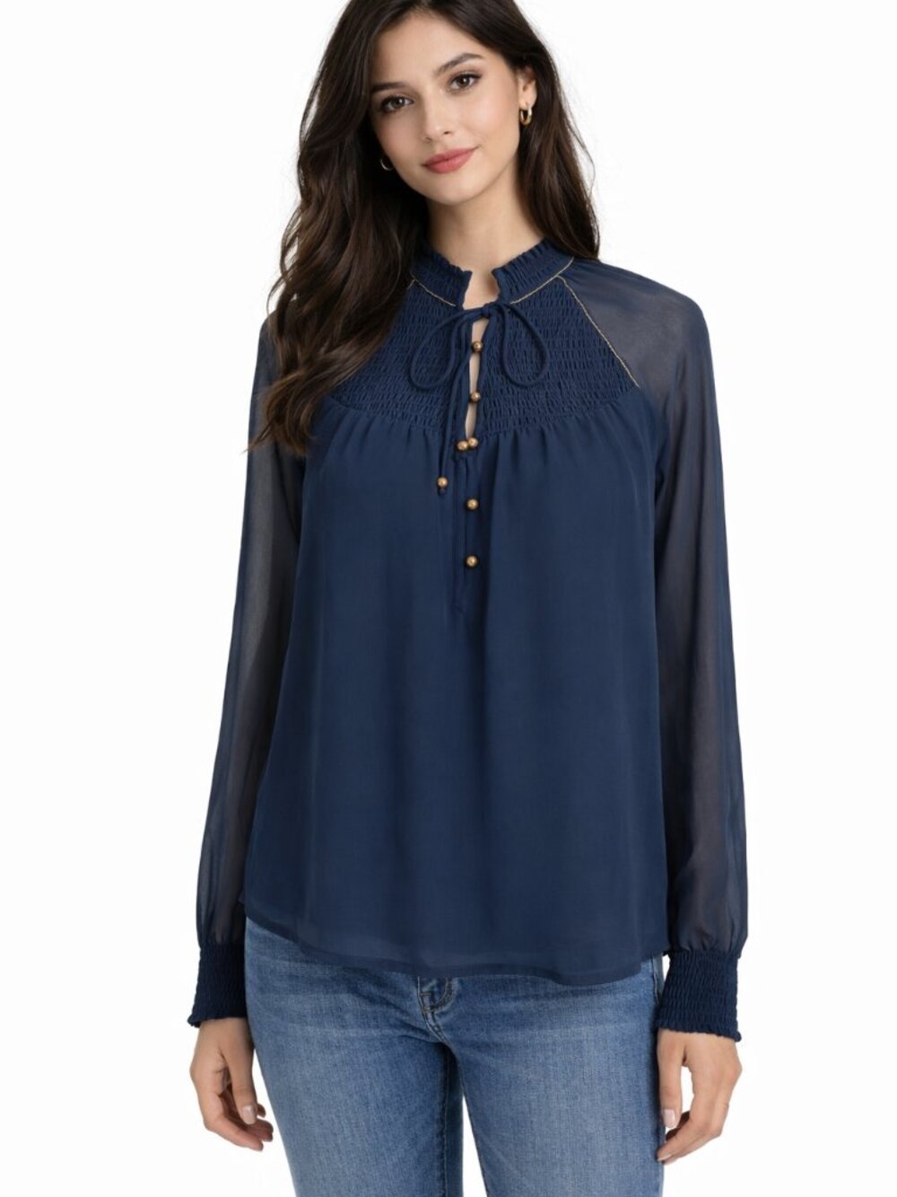 Abercrombie & Fitch Top Women XS Navy Blue Sheer Blouse Smocked